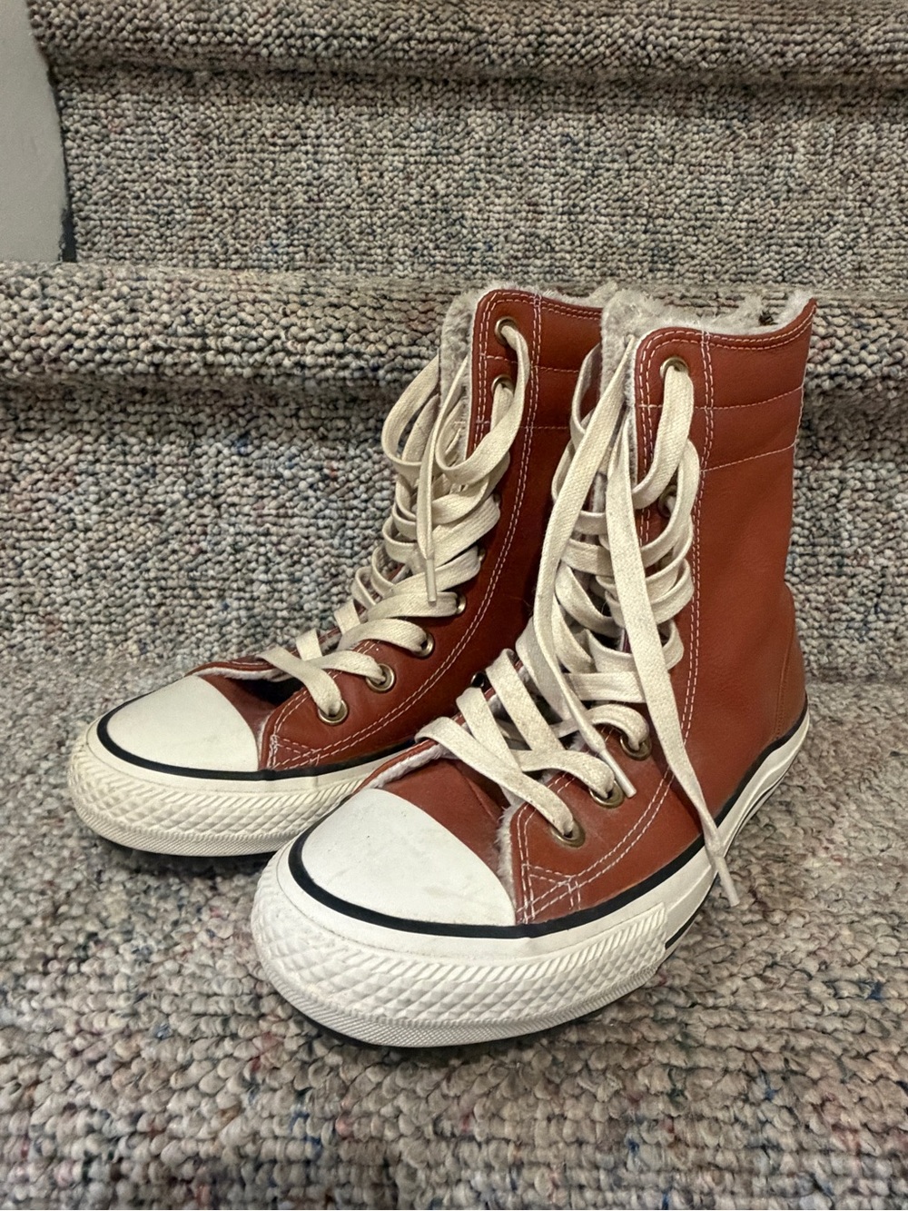 Converse Women’s Rust High-Top Canvas Sneakers with Cream Laces and Fur Interior
